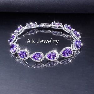 💎LUXURY WHITE GOLD BRACELET Teardrop Purple CZ Water Drop Tennis, 14 Pave